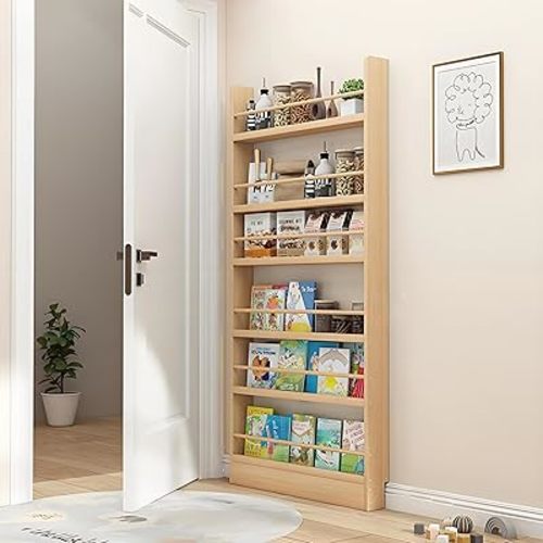 Wooden 3/4/5/6 Tier Behind The Door Bookshelf, Tall Narrow Floor Standing Bookcase, Space-Saving Storage Organizer for Books, Bedroom, Living Room, Office Wood Color 31.5x3.9x70.2