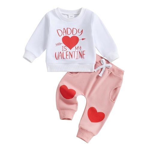 FIOMVA Toddler daddys Valentines Baby Girl Outfits Infant Sweatshirt Pants 2pcs Set Heart Top Fall Winter Clothes (A Daddy Is My Valentine White, 18-24 Months)