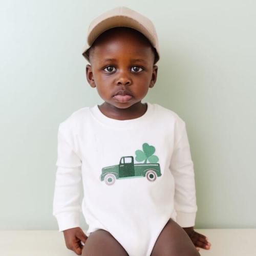 Shamrock Truck Patch St. Patrick's Day Long Sleeve Romper, White - Sweet Wink | Maisonette