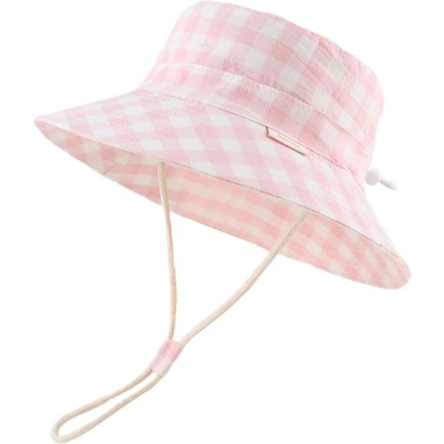 Bamery Baby Toddler Girls Bucket Hat Newborn Sun Hats for Boys Classic Infant Summer UV Protection Hats Kids Beach Cap (50cm, Pink Lattice)