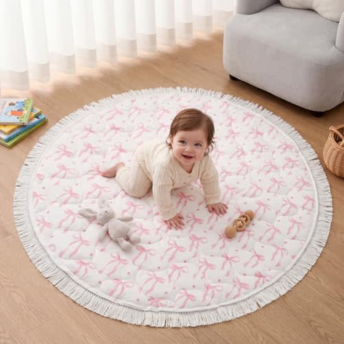 Lyrow Pink Bow Baby Play Mats for Floor 40" Round Play Activity Mat Pink Bow Nursery Decor Cute Infant PlayMats with Fringed Edges for Tummy Time and Floor Activities Newborn Baby Essentials Gift
