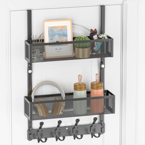 Over The Door Hooks Organizer,Black | Door Hanger Towe, Rack With 2 Baskets,Adjustable Over The Door Coat Rack,Back of Door Storage for Bedroom