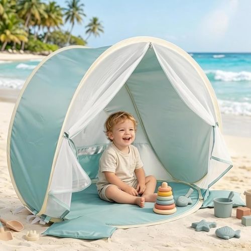 Baby Beach Tent, Pop Up Baby Tent with UV Protection, Baby Sun Shade, Portable Baby Beach Essentials | 1.2lbs Lightweight, Sand-Proof Mesh Door, 4 Steel Stakes & Carry Bag (Dusty Blue)