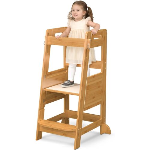 TOETOL Bamboo Toddler Step Stool Kids Kitchen Counter Learning Stool Standing Helper Tower 3 Height Adjustable Bathroom Sink with Safety Rail,Natural