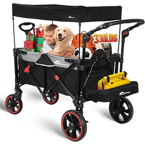 Collapsible Canopy Wagon, Foldable Wagon Stroller with 330LBS, Heavy Duty Cart with Shock-Absorbing Wheels, Adjustable Push Pulling Handles for Camping, Garden, Sports, Shopping, Black