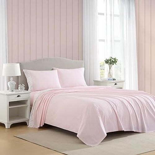 Laura Ashley - Twin Sheet Set, Crisp & Cool Cotton Percale Bedding with Deep Pockets, Lightweight for Year Round Comfort, Bed Sheets with Matching Pillowcase (Victorian Scroll Pink)