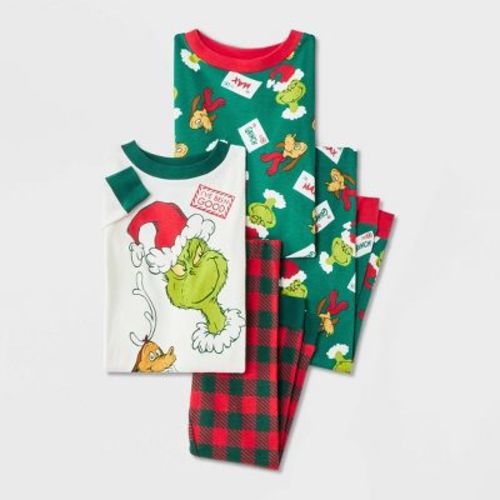 Baby Boys' Dr. Seuss Holiday 4pc Grinch Long Sleeve Cotton Snug Fit Pajama Set - White/Green 18M