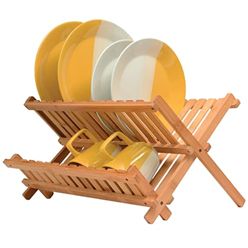 Dish Drying Rack - Bamboo Dish Rack for Kitchen Counter, Collapsible 2-Tier Wooden Drying Rack for Dishes, Plates, Cups, Utensils - Foldable Dish Drainer, Space-Saving Kitchen Drying Rack Organizer