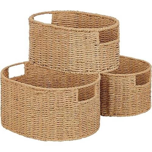Vagusicc Wicker Storage Basket, Set of 3 Hand-woven Storage Baskets for Organizing, Round Large Wicker Baskets for Storage Decor, Pantry Storage Cubes Organization Baskets for Shelves, Natural