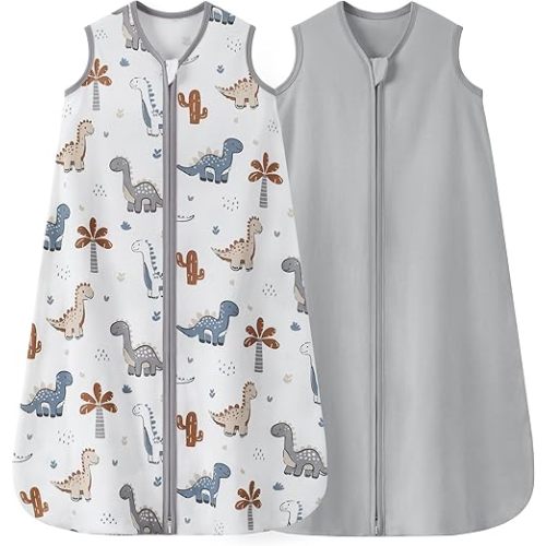 Baby Sleep Sack 0-6 Months 0.5 TOG, 100% Cotton Baby Wearable Blanket 2 Pack with 2-Way Zipper, Lightweight Sleep Bag for Boys ＆ Girls Newborn Infant Breathable Sleeing Sack Grey Dinosaur