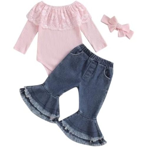 fhutpw Newborn Baby Girl Clothes Infant Rib Frill Long Sleeve Romper Flared Pants Headband Set 3pcs Fall Winter Outfits
