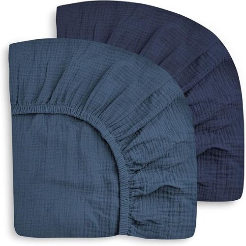 SWEET DOLPHIN 2-Pack Muslin Crib Sheets for Boys & Girls, Ultra Soft Breathable 40S Long-Staple Cotton Fitted Baby Sheets for Standard Crib Mattress 52"x28", Deep Navy- Nursery Essentials