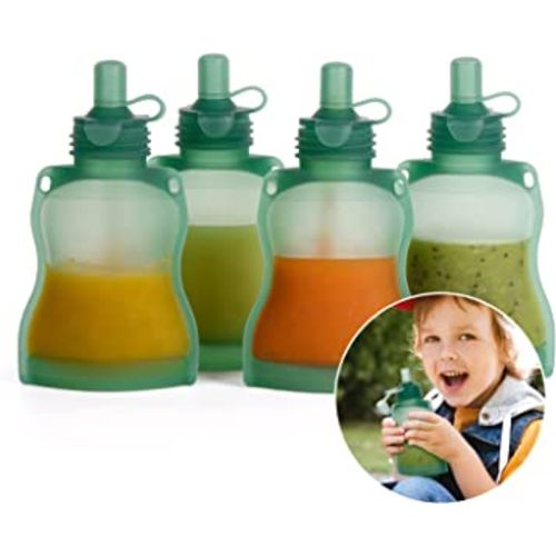 haakaa Silicone Refillable Squeezy Baby Food Yummy Pouch Homemade Organic Food for Babies/Toddlers/Kids, 4 Pack 4 oz, Pea Green