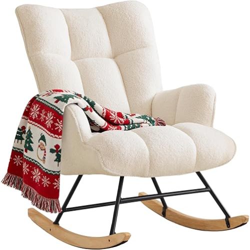 Rocking Chair Nursery Teddy Rocking Accent Chair Upholstered Glider Rocker Armchair Comfy Side Chair Padded Seat with High Back for Living Room Bedroom Offices (Ivory)