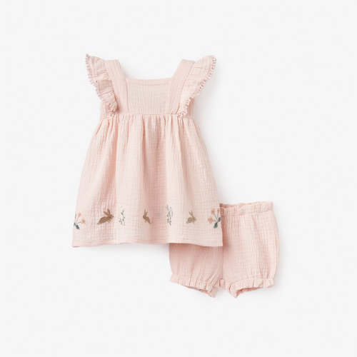 Blush Pink Garden Picnic Embroidered Organic Muslin Dress w/ Bloomer PINK / 6-9M