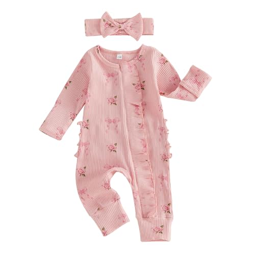 Socutebabe Newborn Girl Clothes Coming Home Outfit Jumpsuit | Newborn Baby Girl Fall Winter Clothes Coming Home Outfit Ruffle Romper Onesie Cute Ribbed Knit Jumpsuit Headband