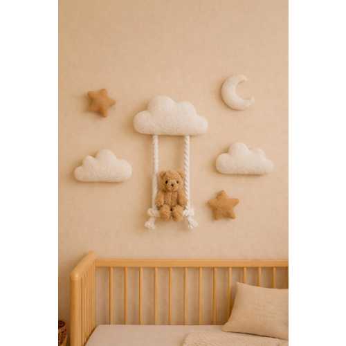 Nursery Wall Decor – Teddy Bear on Swing with Clouds, Stars & Moon | Neutral Baby Room Decoration | Baby Shower Gift