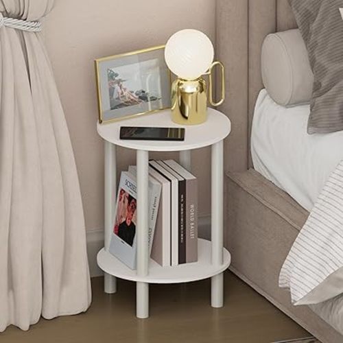 Furinno Turn-N-Tube Night Stand, 2-Tier Round Small Nightstand, Toolless Assembly Narrow End Table with Open Shelf, Side Table, Bedside Table, for Bedroom, Closet, Dorm, White