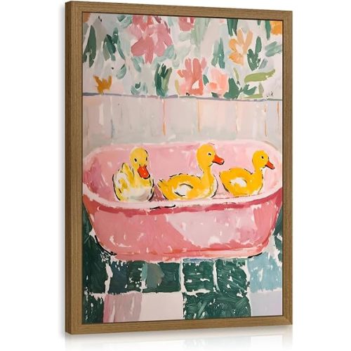 LERVR Wood Framed Funny Ducks Bathroom Wall Art, Cute Yellow Ducks in Pink Bathtub Canvas Print, Whimsical Animal Decor, Soft Pastel Aesthetic Artwork for Girls Bathroom Nursery Bedroom 12x16 Inch