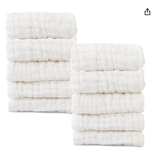 Baby Muslin Washcloths- Natural Cotton Wipes - Soft Newborn Face Towel for Sensitive Skin- Registry as Shower, 10 Pack 12x12 inches by MUKIN (White)