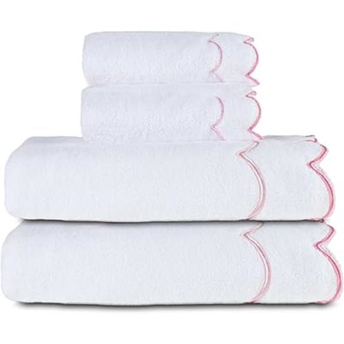 4 Set 100% Cotton Bath Towels Set 2 Bath Towels 2 Hand Towels Embroidered Decorative Scalloped Towels Soft Cute Towel for Bathroom (Pink)