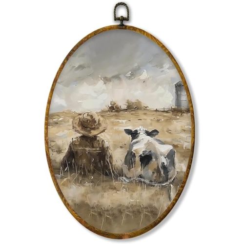Hiuwevt Rustic Farm Boy and Cow Oval Wall Art Decor, Vintage Farmhouse Framed Canvas Prints, Country Farm Nursery Oval Wall Hanging Decor for Home Bedroom Kids Boys Room Decorations, 8.6x11.4 Inches