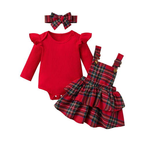 MASZONE Baby Outfits Girl Christmas Outfit Girl Baby Girl Christmas Clothes Plaid Outfits Long Sleeve Romper Overall Skirt Dress Cute Outfit Red 0-3 Months