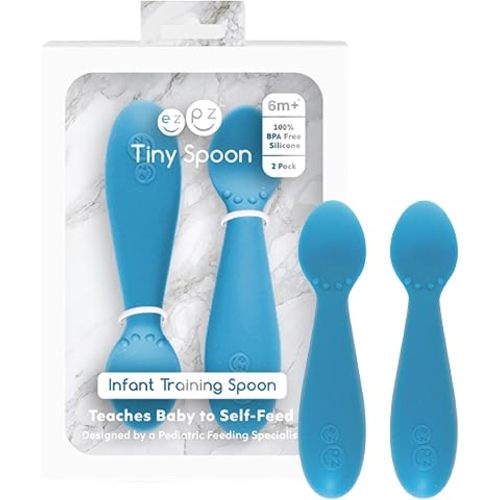 ezpz Tiny Spoon (2 Pack in Blue) - 6 Months+ - Baby Led Weaning Essentials