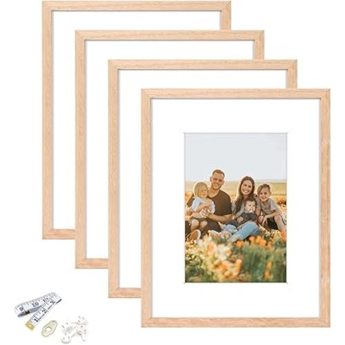8x10 Picture Frame, OAK Wood Photo Frame 5x7 with Mat or 8x10 without Mat with Perspex Glass for Vertical or Horizontal Tabletop Wall Display for Photos, Paintings, Birthday Christmas Gift, Set of 4