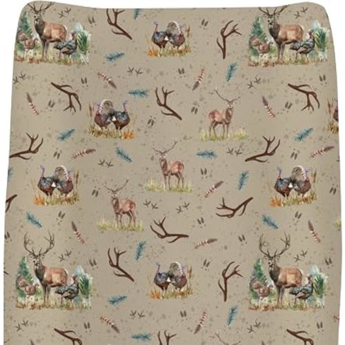Vintage Hunting Animals Baby Changing Pad Covers for Boys Girls Deer Turkey Hunting Feathers Trees Fitted Changing Table Cover Mats Wildlife Soft Diaper Change Table Sheets for 32''×16'' Contoured Pad