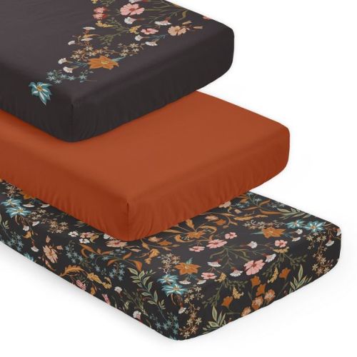 Sweet Jojo Designs Girl Fitted Crib Sheets Boho Floral Wildflower Black Orange and Blue 3pc