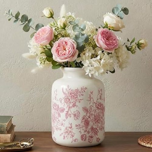 Pink Vintage Floral Vase Retro Rustic Chinoiserie Floral Vase Ice Cracked Ceramic Large Holder for Home Decor Bookshelf Office Living Room Chinoiserie Decors
