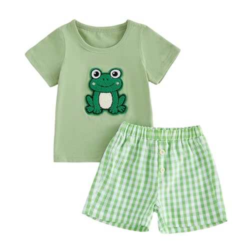 Honganda Toddler Baby Boys 2-Piece Summer Outfit Turtle Embroidered Short Sleeve T-Shirt with Gingham Shorts Set for Boys