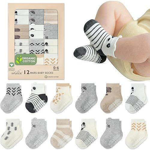 infancie Organic Cotton GOTS Certified Infant Socks 12 Pair - 0-6 Months – Soft and Comfortable Infant Socks 0-6 Months, Premium Boys Cotton Socks, Gift for Newborn Boys