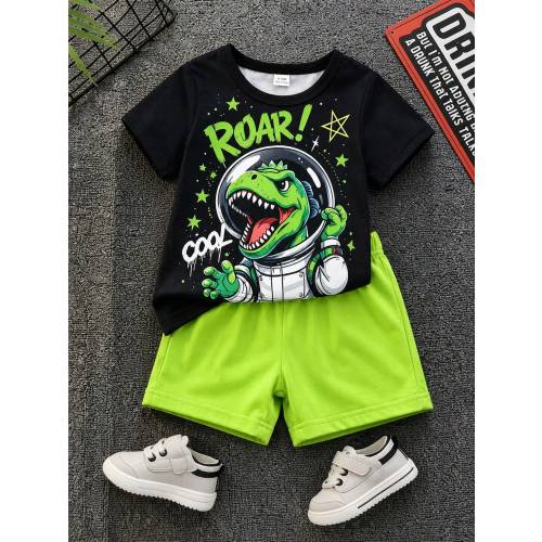 SHEIN 2pcs Baby Boy Outfit Set Cartoon Bear Decor Collar Short Sleeve Cardigan & Print Shorts Shirt & Ribbed Fabric Clothing Summer