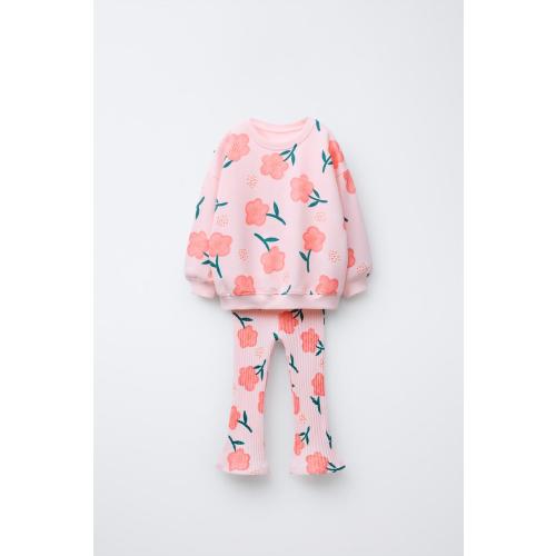 PRINTED RIBBED FLARE SWEATSHIRT AND LEGGING SET - Pink / White | ZARA United States