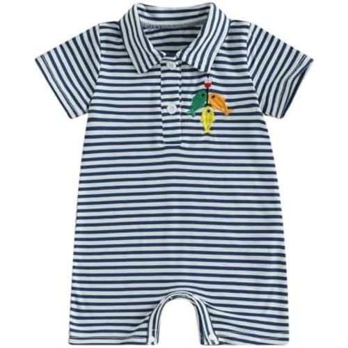 Baby Boy Summer Outfit Short Sleeve Embroidery Collared Romper Lapel Button Striped Bodysuit Jumpsuit Clothes