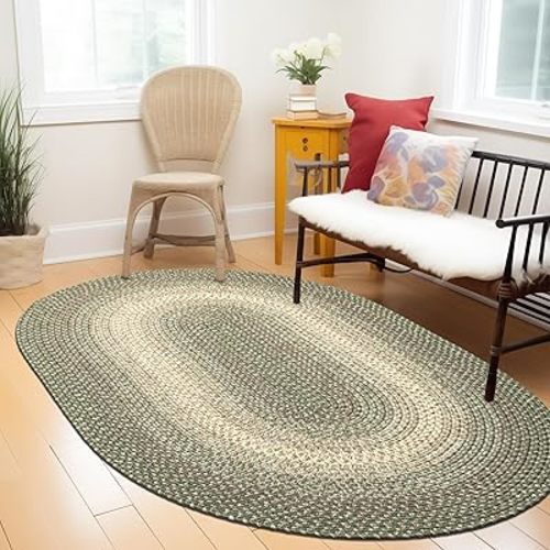 Super Area Rugs Braided Rugs 4X6 Farmhouse Kitchen Rug - Ridgewood Braided Rug for Living Room - Reversible - Indoor/Outdoor - Made in USA - Forest Green/Beige, 4' X 6' Oval