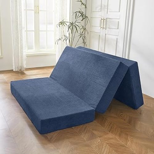 BYBYME Tri-Folding Corduroy Mattress, 6 Inch Gel Folding Mattress Topper, Foldable Soft Guest Bed Camping Pad, Washable Cover (Bluestone, Twin)