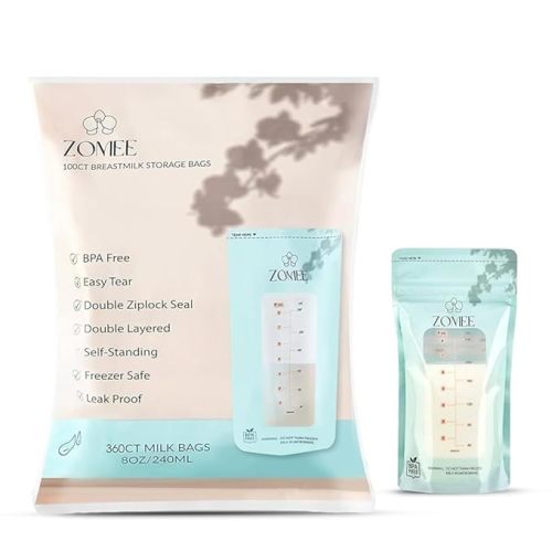 Zomee Breast Milk Storage Bags 8oz – Leakproof Double-Zip Seal, Self-Standing, Easy-Pour Design, Freezer Safe, Pre-Sterilized, BPA & Phthalate Free – Bulk Pack of 90