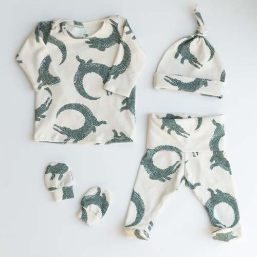 Crocodile Baby Outfit Set Pants Shirt Hat and Mittens