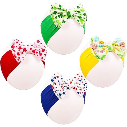 JATEBI 4 Pcs 6" Holiday Baby Bows Headbands for Newborn Infant Toddler, Soft Stretchy Nylon Hair Bands, Holiday Hair Accessories for Valentine’s Day, St. Patrick’s Day, Easter, 4th of July
