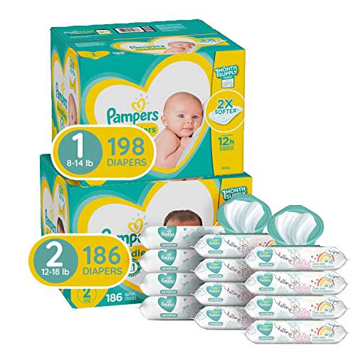 Pampers Baby Diapers and Wipes Starter Kit (2 Month Supply) - Swaddlers Disposable Baby Diapers Sizes 1 (198 Count) & 2, (186 Count) with Sensitive Water-Based Baby Wipes, 12X Pop-Top Packs, 864 Count