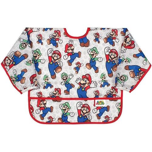Bumkins Bibs, Baby and Toddler Girls and Boys 6-24 Months, Long Sleeve, Essential Must Have for Eating, Feeding, Mess Saving Lightweight Waterproof Fabric Sleeved Smock, Nintendo Mario and Luigi
