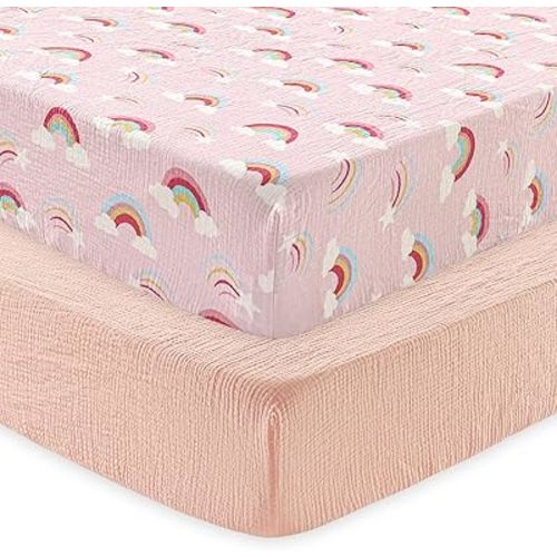 david's kids Muslin Crib Sheets for Girls, 2 Pack 100% Cotton Soft Breathable Fitted Baby Sheet Set, Standard 52"x28" Crib and Toddler Mattress, Rainbow