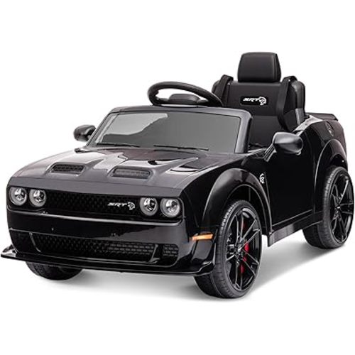 Kids Electric Car, Licensed Dodge Challenger Ride on Car, 12V7Ah Battery Powered Electric Vehicle Kids Ride on Toys with Remote Control, 3 Speeds, LED Headlights, Bluetooth, Music (Black)