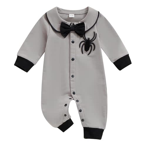 Lamuusaa Newborn Baby Boy Halloween Outfit Long Sleeve Spider Embroidery Romper Bowtie Jumpsuit Halloween Costumes 0-18M