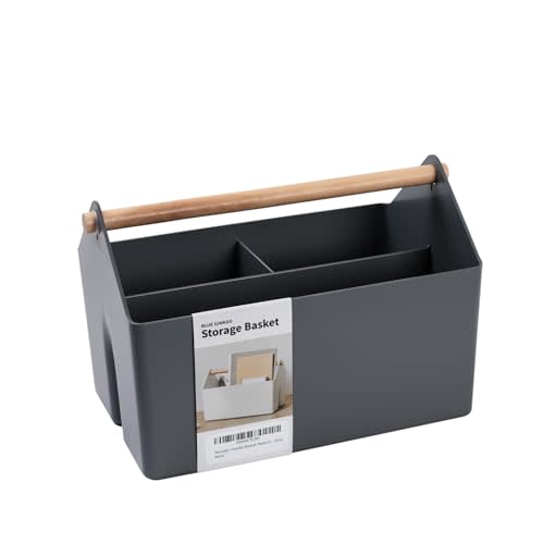 BLUE GINKGO Medium Storage Basket – Plastic Caddy with Wooden Handle for Office, Arts & Crafts, or Home Supplies (Gray)