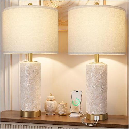 25.5" Boho Ceramic Table Lamps Set of 2 with 3-Way Dimmable Bulb