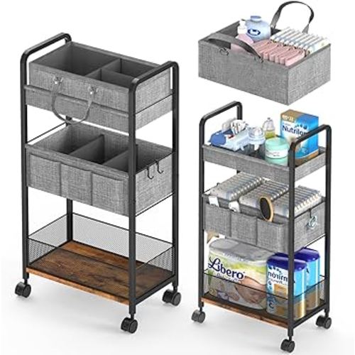 2In1 Baby Diaper Caddy & 3-Tier Rolling Diaper Cart, Diaper Caddy Organizer Cart with Dividers, Mobile Metal Utility Cart for Nursery Essentials, Detachable Bedside Cart, Large Capacity